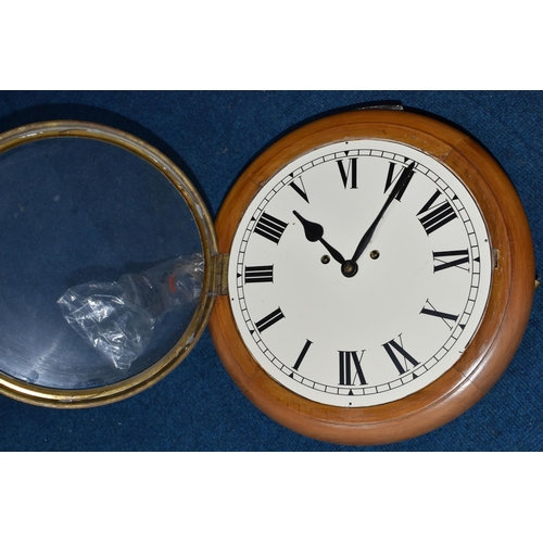 431 - A TWENTIETH CENTURY WOODEN CASED WALL CLOCK, the cream dial bearing black Roman numerals, no visible... 