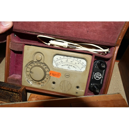 437 - A MULTIMETER, WEIGHTS AND SUNDRY ITEMS, comprising a cased AVO Multiminor mk4 multimeter, a reel of ... 