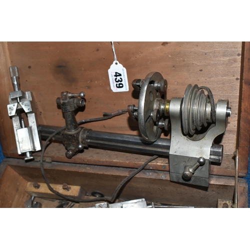 439 - A CASED WATCHMAKER'S LATHE, in need of some attention, parts unchecked (1) (Condition Report: af, ma... 