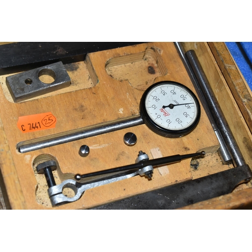 447 - THREE CASED GAUGES AND SIMILAR INSTRUMENTS, comprising Baty ball and dial gauges, and a marking stan... 