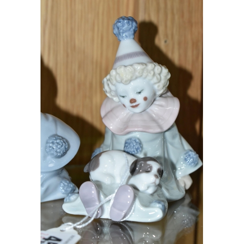 456 - THREE LLADRO PIERROT FIGURES, comprising Pierrot with Puppy no 5277, sculptor Jose Puche, issued 198... 