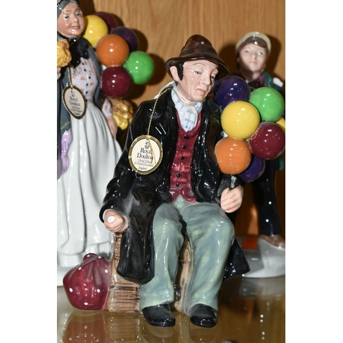 459 - THREE ROYAL DOULTON BALLOON SELLING FIGURES, comprising The Balloon Man HN1954, Biddy Penny Farthing... 