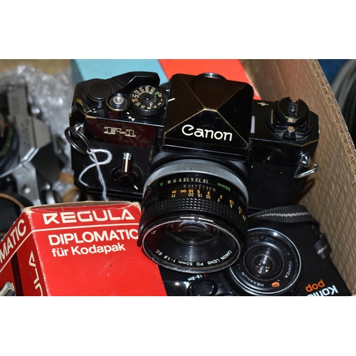 465 - VINTAGE CANON PHOTOGRAPHIC EQUIPMENT ETC, to include a Canon F1 camera body fitted with a Canon 50mm... 