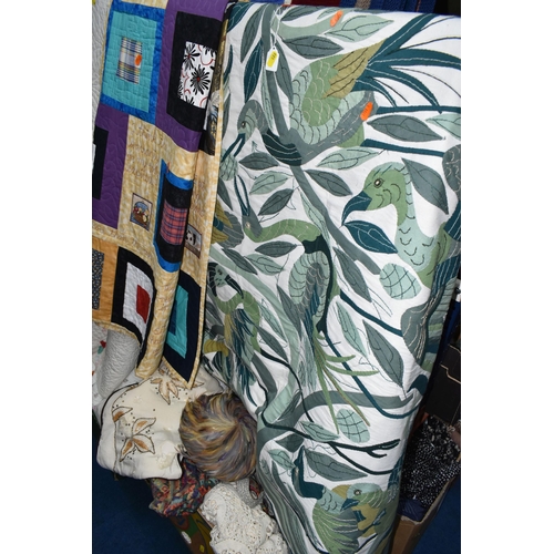 466 - TWO BOXES AND LOOSE APPLIQUÉ AND QUILTED BED COVERS, comprising a hand sewn large green and cream ap... 