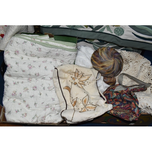 466 - TWO BOXES AND LOOSE APPLIQUÉ AND QUILTED BED COVERS, comprising a hand sewn large green and cream ap... 