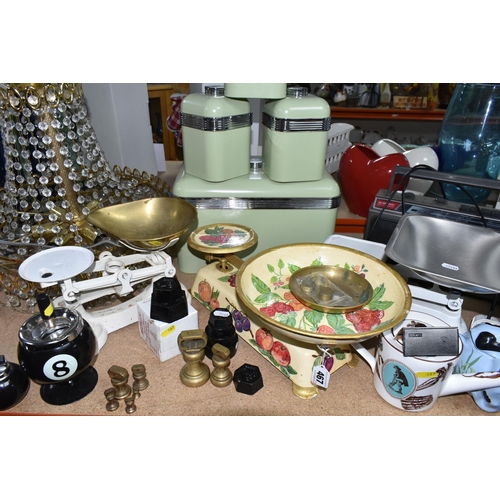 467 - A QUANTITY OF KITCHENWARE, comprising a set of pale green Swan cannisters and bread bin, three sets ... 