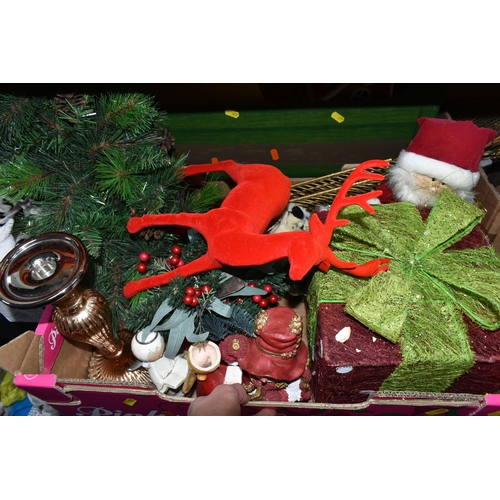 477 - THREE BOXES OF CHRISTMAS ORNAMENTS, to include artificial flowers, candle holders, snowmen, reindeer... 