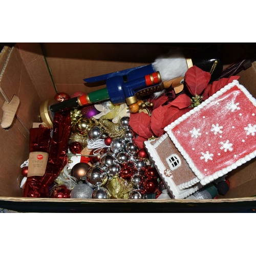 477 - THREE BOXES OF CHRISTMAS ORNAMENTS, to include artificial flowers, candle holders, snowmen, reindeer... 