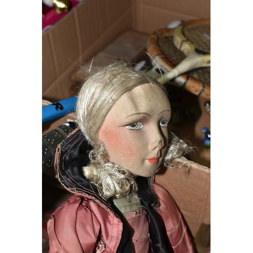 478 - A VINTAGE CLOTH HEAD DOLL, moulded and painted features, original wig, cloth body with composition l... 