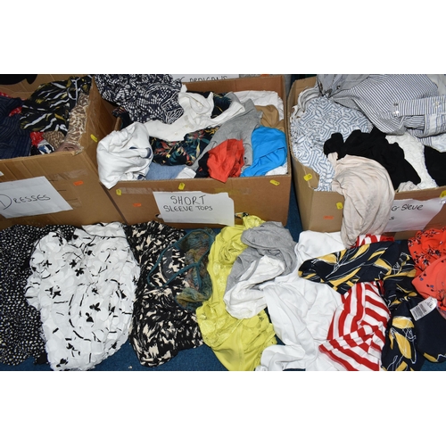 479 - SIX BOXES OF WOMEN'S CLOTHING, to include cardigans, dresses, long sleeved tops, short sleeved tops ... 