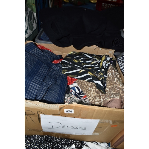 479 - SIX BOXES OF WOMEN'S CLOTHING, to include cardigans, dresses, long sleeved tops, short sleeved tops ... 