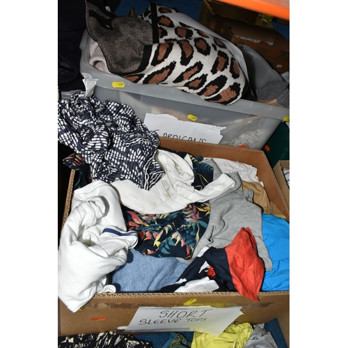 479 - SIX BOXES OF WOMEN'S CLOTHING, to include cardigans, dresses, long sleeved tops, short sleeved tops ... 