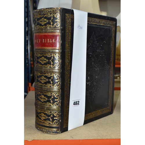 482 - A LARGE LEATHER BOUND FAMILY BIBLE, late 19th century, with notes and observations by The Rev. John ... 