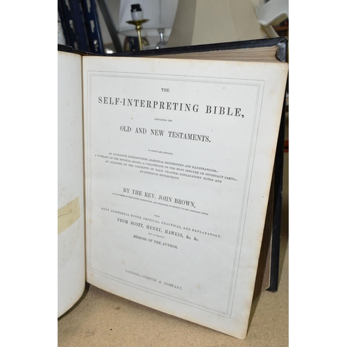 482 - A LARGE LEATHER BOUND FAMILY BIBLE, late 19th century, with notes and observations by The Rev. John ... 