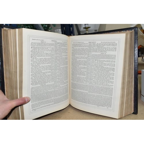 482 - A LARGE LEATHER BOUND FAMILY BIBLE, late 19th century, with notes and observations by The Rev. John ... 