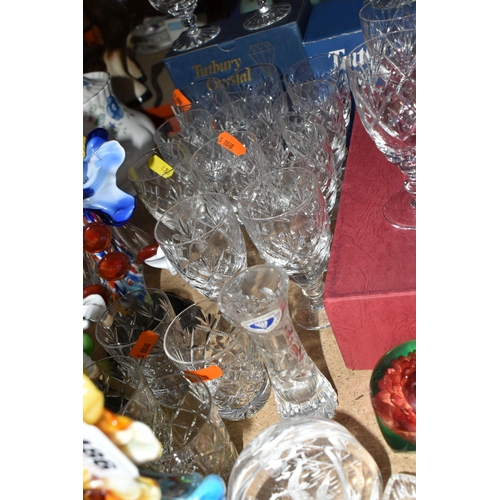 486 - A GROUP OF CUT CRYSTAL AND COLOURED GLASSWARE, comprising a boxed set of six Tutbury Crystal port gl... 