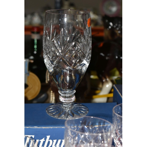 486 - A GROUP OF CUT CRYSTAL AND COLOURED GLASSWARE, comprising a boxed set of six Tutbury Crystal port gl... 