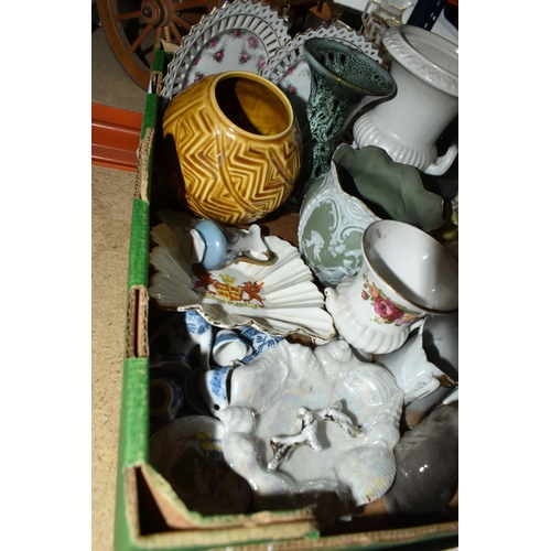 487 - ONE BOX OF CERAMICS AND LAMPWORK ANIMALS, to include a mid-century Vulcan ware vase, a Cornish dark ... 