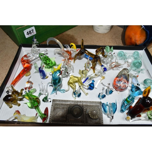 487 - ONE BOX OF CERAMICS AND LAMPWORK ANIMALS, to include a mid-century Vulcan ware vase, a Cornish dark ... 