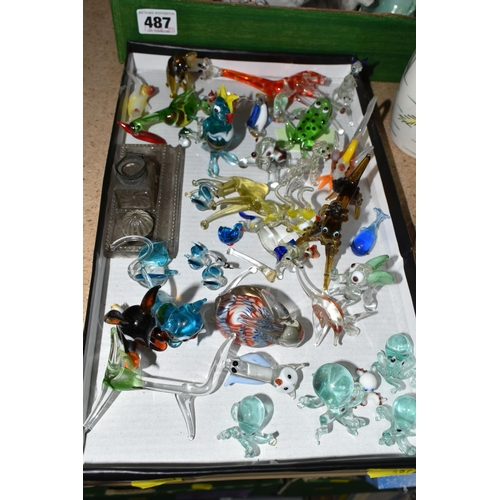 487 - ONE BOX OF CERAMICS AND LAMPWORK ANIMALS, to include a mid-century Vulcan ware vase, a Cornish dark ... 