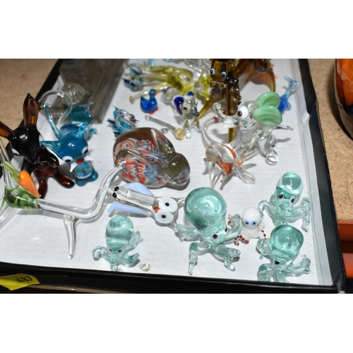 487 - ONE BOX OF CERAMICS AND LAMPWORK ANIMALS, to include a mid-century Vulcan ware vase, a Cornish dark ... 