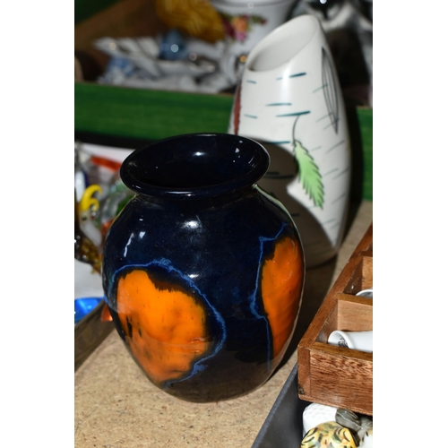 487 - ONE BOX OF CERAMICS AND LAMPWORK ANIMALS, to include a mid-century Vulcan ware vase, a Cornish dark ... 