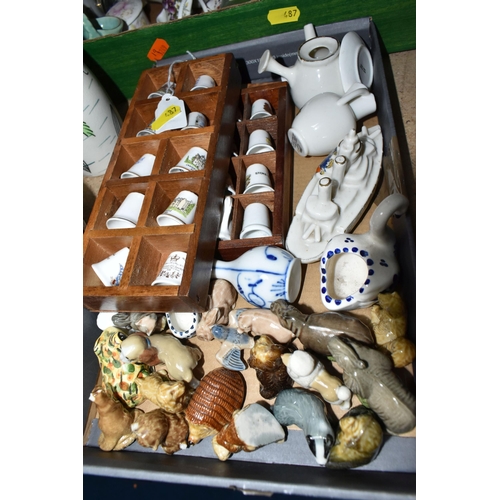 487 - ONE BOX OF CERAMICS AND LAMPWORK ANIMALS, to include a mid-century Vulcan ware vase, a Cornish dark ... 