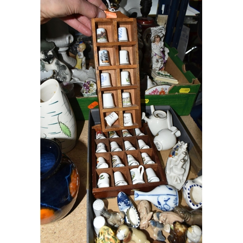 487 - ONE BOX OF CERAMICS AND LAMPWORK ANIMALS, to include a mid-century Vulcan ware vase, a Cornish dark ... 