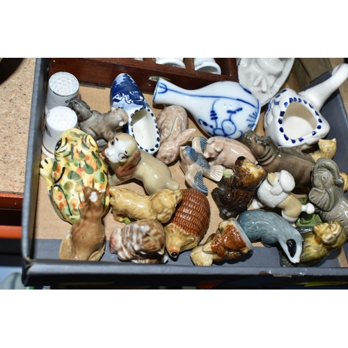 487 - ONE BOX OF CERAMICS AND LAMPWORK ANIMALS, to include a mid-century Vulcan ware vase, a Cornish dark ... 