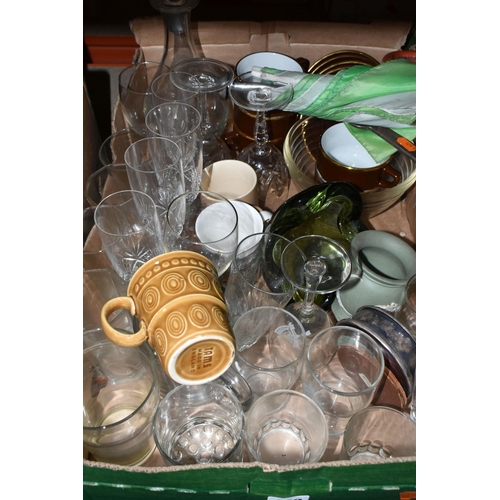 489 - THREE BOXES OF MISCELLANEOUS SUNDRIES, to include a Wedgwood green Jasperware pot, a set of brown Ne... 