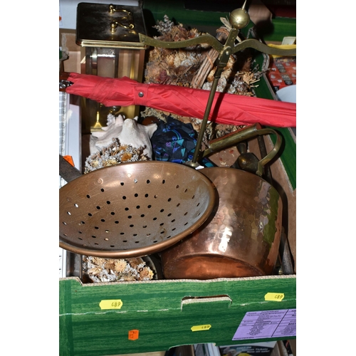 489 - THREE BOXES OF MISCELLANEOUS SUNDRIES, to include a Wedgwood green Jasperware pot, a set of brown Ne... 