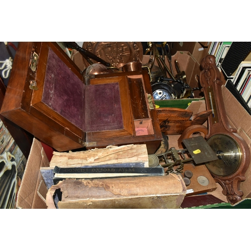 490 - TWO BOXES OF METALWARE AND FRAMED PICTURES, to include a copper kettle, copper ornaments, brass orna... 