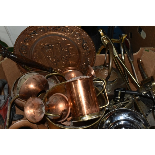 490 - TWO BOXES OF METALWARE AND FRAMED PICTURES, to include a copper kettle, copper ornaments, brass orna... 