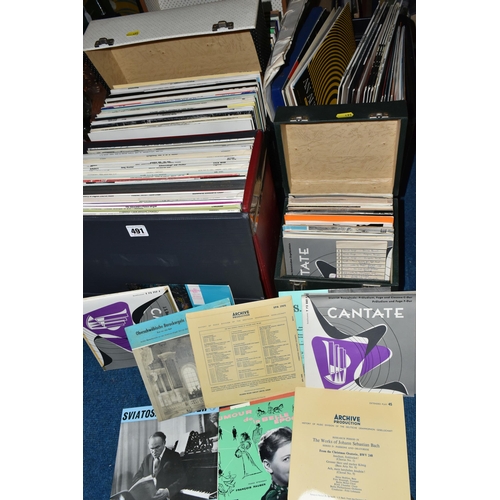 491 - FIVE BOXES OF L.P AND SINGLE CLASSICAL RECORDS, to include over one hundred L.P records and approxim... 