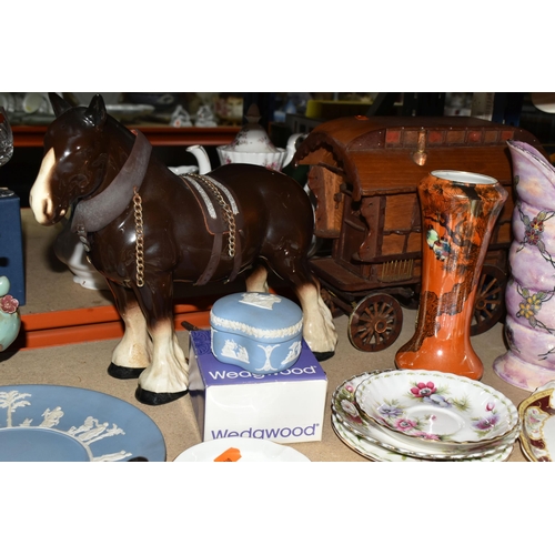 496 - A COLLECTION OF NAMED CERAMICS, comprising four ceramic shire horses (one has a reglued ear, one has... 