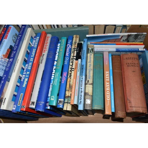 499 - FIVE BOXES OF NAUTICAL, SHIPPING AND SAILING BOOKS, to include approximately one hundred and thirty ... 