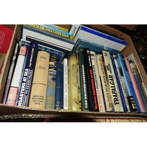 499 - FIVE BOXES OF NAUTICAL, SHIPPING AND SAILING BOOKS, to include approximately one hundred and thirty ... 