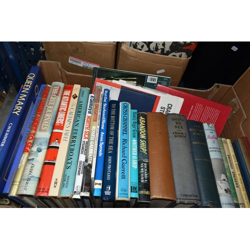 499 - FIVE BOXES OF NAUTICAL, SHIPPING AND SAILING BOOKS, to include approximately one hundred and thirty ... 