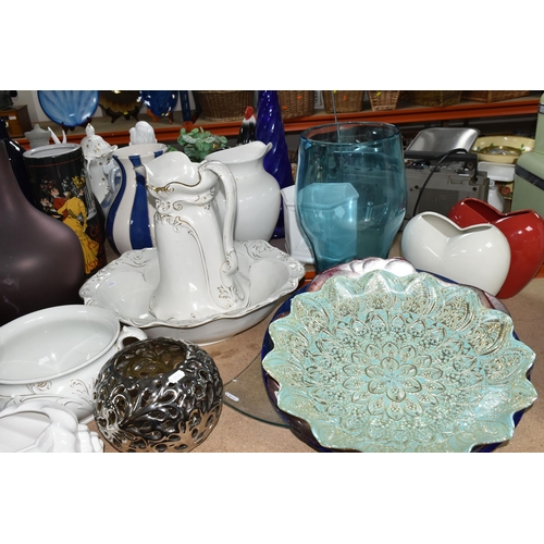 501 - A QUANTITY OF LARGE VASES AND ORNAMENTS, comprising a Barge Ware hurricane lamp, ceramic double deck... 