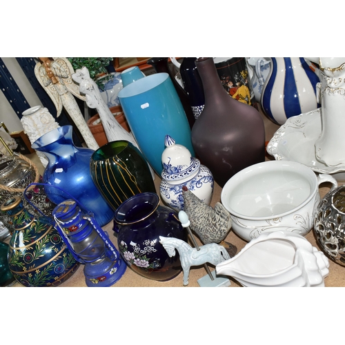 501 - A QUANTITY OF LARGE VASES AND ORNAMENTS, comprising a Barge Ware hurricane lamp, ceramic double deck... 