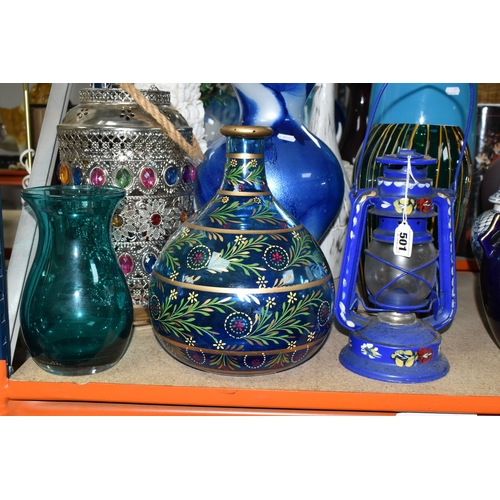 501 - A QUANTITY OF LARGE VASES AND ORNAMENTS, comprising a Barge Ware hurricane lamp, ceramic double deck... 