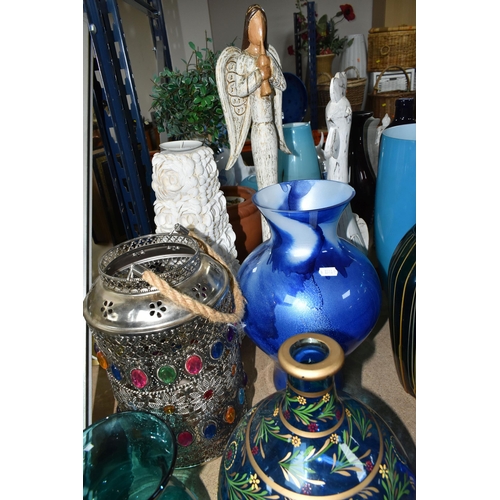 501 - A QUANTITY OF LARGE VASES AND ORNAMENTS, comprising a Barge Ware hurricane lamp, ceramic double deck... 