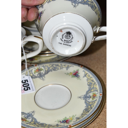 505 - A GROUP OF ROYAL WORCESTER 'THE DUCHESS' PATTERN TEAWARE, comprising one dinner plate, a square cake... 