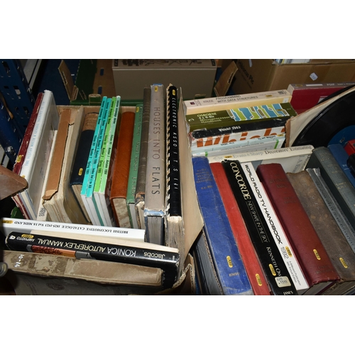 512 - SEVEN BOXES OF BOOKS & LP RECORDS containing approximately 110 miscellaneous title in mostly hardbac... 