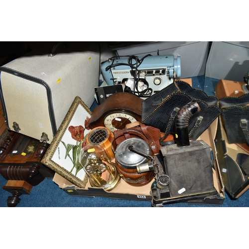 514 - ONE BOX OF ASSORTED SUNDRIES, to include a wood and chrome 1930's biscuit barrel, mantel clock, a fa... 