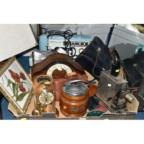 514 - ONE BOX OF ASSORTED SUNDRIES, to include a wood and chrome 1930's biscuit barrel, mantel clock, a fa... 