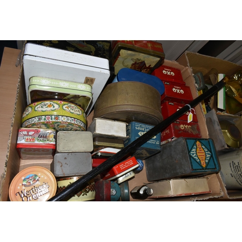 516 - TWO BOXES AND LOOSE WALKING STICK, ADVERTISING TINS AND SUNDRY VINTAGE ITEMS, to include a horn hand... 