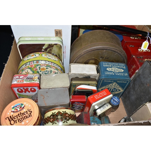 516 - TWO BOXES AND LOOSE WALKING STICK, ADVERTISING TINS AND SUNDRY VINTAGE ITEMS, to include a horn hand... 