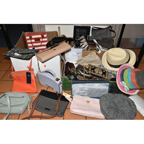 517 - THREE BOXES OF LADIES' HANDBAGS, to include over thirty assorted day and evening bags, maker's names... 