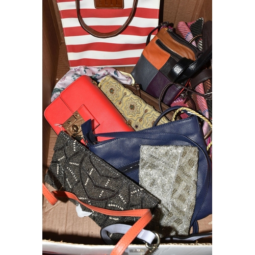 517 - THREE BOXES OF LADIES' HANDBAGS, to include over thirty assorted day and evening bags, maker's names... 